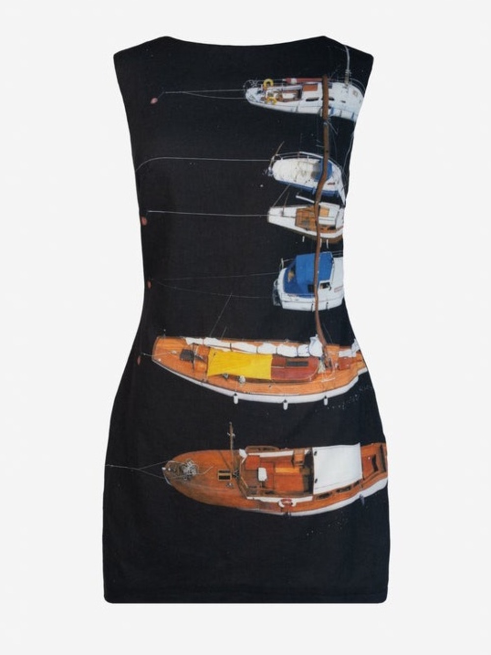 Sleeveless Linen Mini Dress “The Chloe” w/ Marina Yacht Boat Print Yellow Label